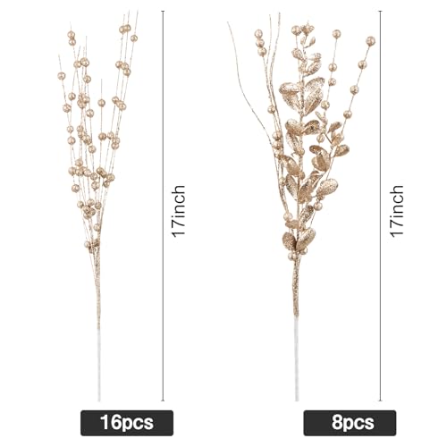 CristBest 24-Pack Christmas Tree Picks Ornaments, Artificial Glitter Berry Stem Glittery Twigs Ornaments for Christmas Tree Decorations, Small Vase, Holiday, Wedding, Party Decorations (Champagne) - image 2