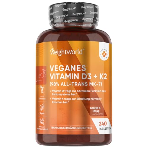 Vitamin D3 + K2 Vegan - 4000 I.E. pro Portion - 240 Tabletten mit 125μg Vitamin K2 Menachinon - 1 Tablette/4 Tage - 98% All-Trans K2 MK7 - Frei von Magnesiumstearat - Sonnenvitamin von WeightWorld