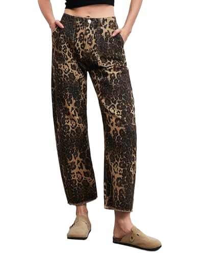 Kedera High Waisted Leopard Print Barrel Jeans for Women Dressy 2025 Wide Leg Denim Pants Baggy Boyfriend Jeans Trousers