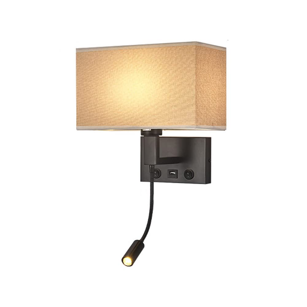 SXECAEPS Fabric Wall Lamp Bedroom Mount Reading Light with Switch Modern Black Metal Hardwired Sconce, USB Charging Flexible Gooseneck Bedside Lighting Fixture