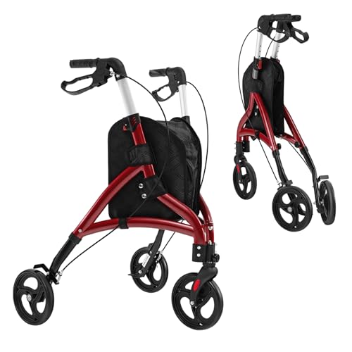 Andador con ruedas de 4 ruedas con asiento, plegable, ligero, andador de movilidad para personas mayores con asiento y ruedas, andador con ruedas, marco de aluminio para caminar de tres ruedas con aj