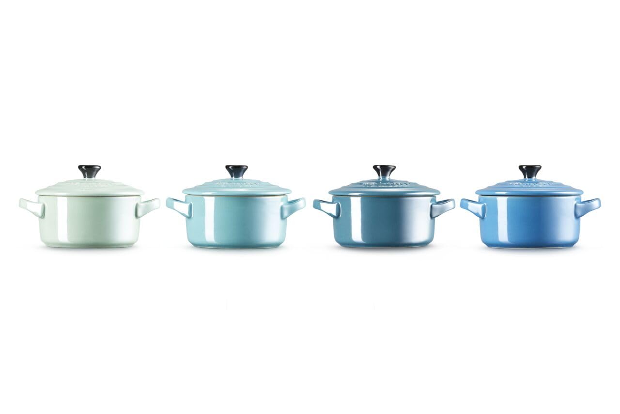Le Creuset 4er-Set Mini Cocottes aus Steinzeug, je 200 ml, 10 x 5 cm, Metallics Blau-Grün (Cool Mint/Karibik/Deep Teal/Marseille), 69212108139131