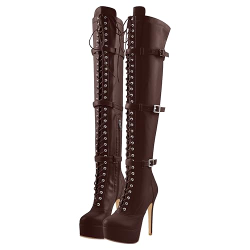 VERISSON Women's Close Toe Zip up Stiletto Platform Thigh High Booties with Grommets Belts Lace up Buckle Strappy Over Knee Booties2