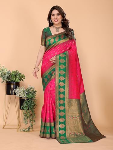 Image of Women's Kanjivaram Soft Silk Saree with Unstitched Blouse Piece Banarasi Weave Type and Jacquard Zari Design for Wedding and Parties