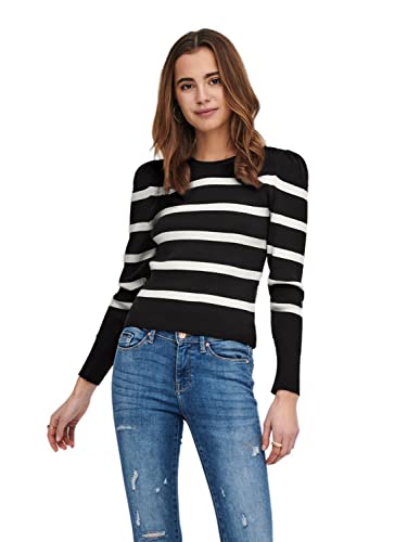 ONLY Onlsally L/S Puff Jumper Knt Noos Lavorato a Maglia, Nero/Righe: W. Cloud Dancer, S