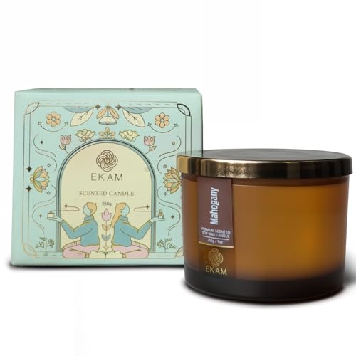 Image of EKAM 3 Wick Soy Wax Scented Candle | Mahogany Fragrance | 35 Hr Burn | Long Lasting Premium Jar Candle for Home Decor, Relaxation & Gifting