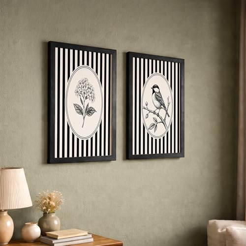 Image of NoWorries Vintage Botanical Bird & Floral Wall Art Prints Set of 2, Black and White Striped Gallery Wall Decor, Minimalist Farmhouse Bird Illustration, Framed Nature Artwork for Living Room Bedroom Office (Art-2, 13x19inch)