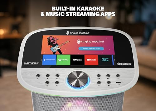 Image of Singing Machine Platinum Plus All-in-One Karaoke System with 2 Wireless Mics, Bluetooth /WiFi, Portable Premium Sound Speaker, App Compatible (YouTube, Spotify) for Home & Parties - White