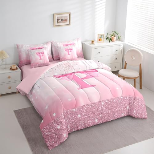 Image of Feelyou Boys Girls Pink Bowknot 7 Pieces Bedding Set Twin Size, Personalized Initial P Bed in A Bag Kids Princess Glitter Comforter Set with Sheets Bow Monogrammed Teens Bed Set Bedroom Decor 7Pcs