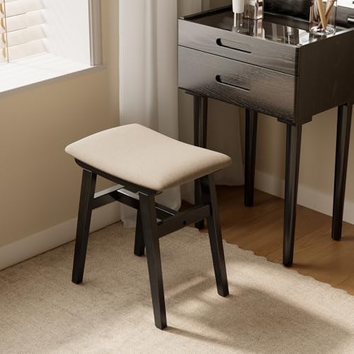 Muwuele Solid Wood Vanity Stool, Compact Makeup Chair with Saddle Cushion, Linen-Covered High Rebound Sponge Seat, Easy Assembly Footstool for Bedroom, Entryway, Home, Black by Muwuele - Image 3