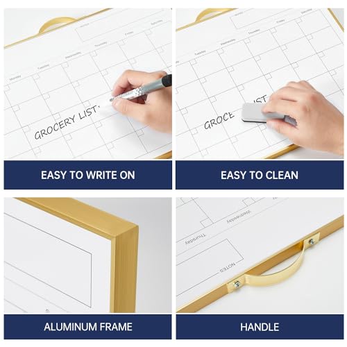 Image of TSJ OFFICE White Board Calendar - 12 X 16 Inches Magnetic Dry Erase Board Monthly Calendar, Double Sided Whiteboard with a Handle, to Do List Notepad for Office, Home, School, Gold Aluminum Frame