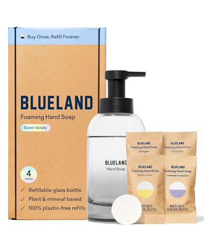 BLUELAND Hand Soap Starter Set Slate, 1 Refillable Glass Foaming Hand Soap Dispenser with 4 Refill Tablets, Iris Agave Scent, 4 x 9 Fl oz