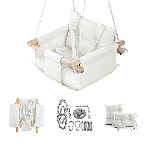 Image of CaTeam - Canvas Baby Swing, Wooden Hanging Swing Seat Chair with Safety Belt, Durable Baby Swing Chair, Outdoor and Indoor Swing for Kids, Mounting Hardware Included, Ivory