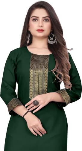 Image of Women Straight Woven Design Cotton Blend Round Neck 3 /4 Sleeve Kurti Only