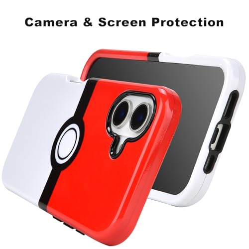 SupBo Capa para iPhone 16 - Desenho Animado Kawaii Bola Vermelha e Branca PC Rígido e Silicone Inter