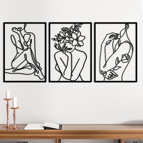 3Pcs Decoration Murale Metal, Moderne Deco Murale, Fil de Fer Silhouette Féminine Abstraite Déco Murale, Noir Cadre Decoration Murale Metal pour Salle de...