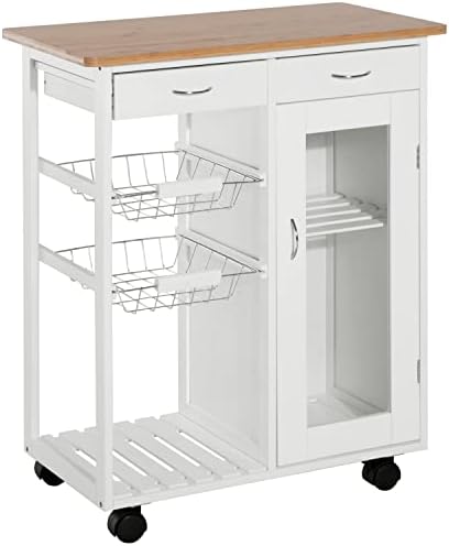 HOMCOM 28" Rolling Kitchen Trolley Serving Cart Storage Cabinet Bamboo Top with Wire Basket & Glass Door & Drawers, White