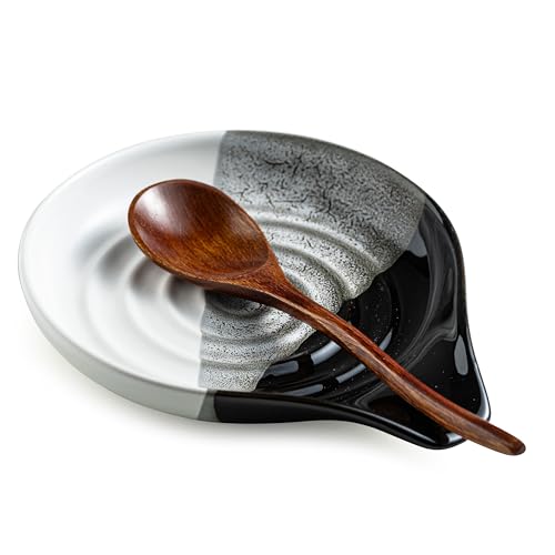Cormomu Large Ceramic Spoon Rest for Stove Top & Kitchen Counter, Heat-Resistant Spoon Holder for Cooking Utensils, Spatula & Ladles, Nonstick, Dishwasher Safe, Cute Design, Gradient Black