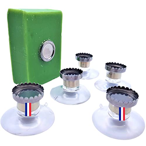Lot 5 Porte Savon Aimanté avec Ventouse Douche Mural Magnetique | Fixation Aimants Puissants sans Percage Salle de Bain | Support Sèche Shampoing Original Solide Magique pour Voyage Zen Minimaliste