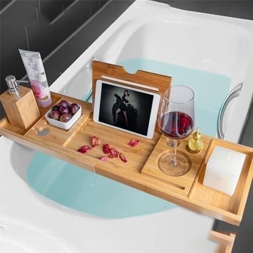 Badewannenablage Holz,Badewannenbrett,102x22 cm Luxus Bambus Badewannenablage,Badewannentablett Zur Badewanne Zubehör,Weinglashalter,Tablethalter, Handyhalter,Spa-Erlebnis
