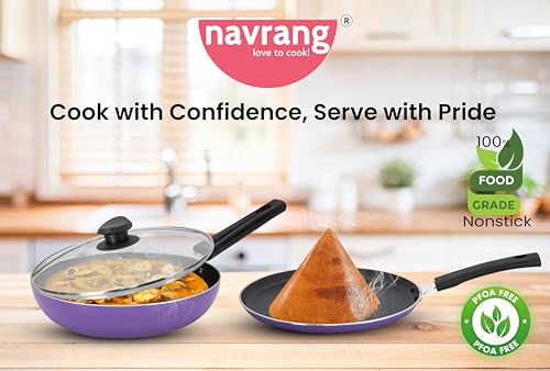 Image of NAVRANG Non Stick Cookware Set of 3 Pcs | Nonstick Dosa Tawa 26 cm & Frypan 22cm with Glass Lid | Non-Induction - Purple