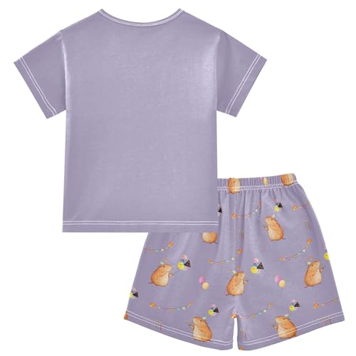 senya Cute Capybara Birthday Purple Summer Pajamas Set Short Cotton Sleepwear 2 Piece2