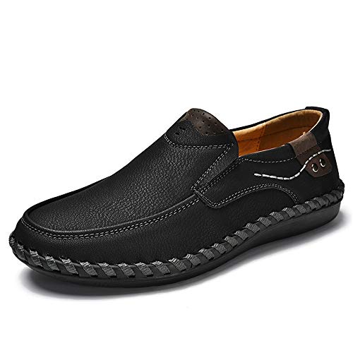Lightweight Breathable Hand-Made Loafers for Men Microfiber Leather Anti-Slip Flat Casual Shoes Lined Slip-on Round Toe(Black,10 M US)