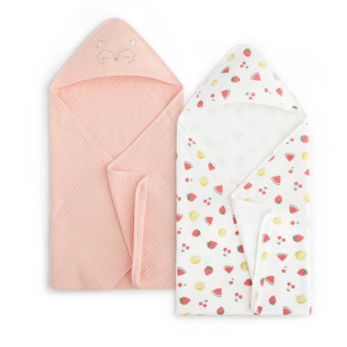 Image of PHF 100% Muslin Cotton Baby Hooded Towels, 2 Pack Bath Towel with Hood for Newborn, Infant, Toddler, Ultra Soft and Absorbent Baby Bath Essentials, Shower Gifts for Girls, 32x32Inch, Fruits