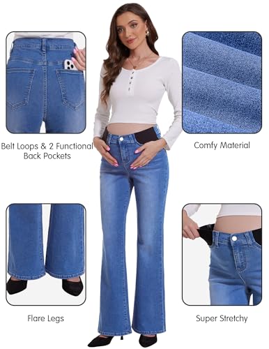 Image of PACBREEZE Women's Maternity Flare Jeans Mid-Rise Stretchy Bell Bootcut Jeans Denim Pregnancy Pants, S-XXL