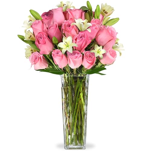 Live Flowers Bouquet with Glass Vase - Fresh Real Flowers for Happy Birthday, Get Well Flowers for...