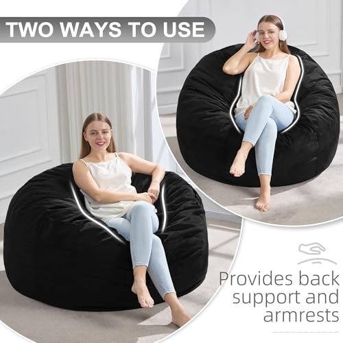 Image of Hobestluk Large Bean Bag Chairs 3FT Big BeanBags for Adults Bedroom Chair | Memory Foam,Removable Cover,Velvet Fabric,Storage Pocket,Handle,Breathable Lounge Chair for Bedroom Study Room | Black 3FT