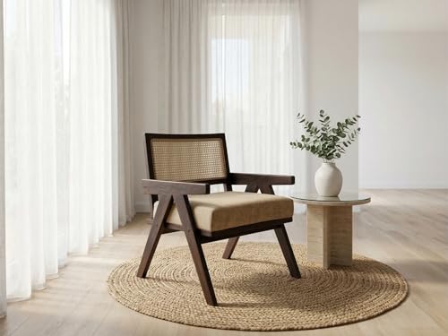 Image of WELL KNOWN Solid Sheesham Wood & Cane Chair Wooden Rattan Arm Chair | Dining Chair for Living Room, Bedroom, Indoor, Outdoor & Home | Walnut Finish