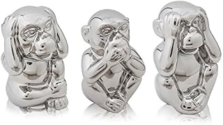 Chiccie The Three Wise Monkeys - Silver Ceramic 14 cm - See Nothing Say Good Luck Charm Sculpture Figures