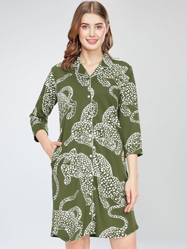 Image of ZEYO Women's Cotton Night Dress Leopard Printed Knee Length Night Gown 5791