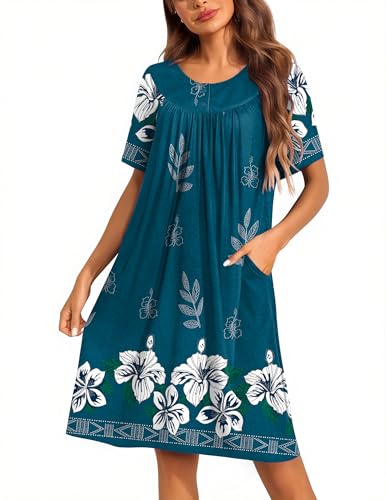 Ekouaer Moo Moos for Women Button House Dresses with Pocket BlueGreen Flower XXL