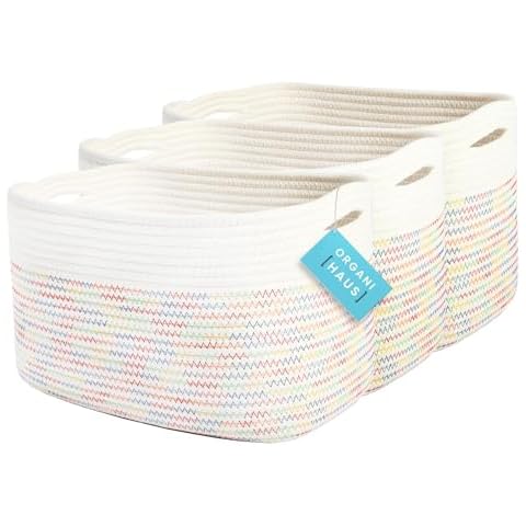 OrganiHaus Set of 3 Cute Rainbow Storage Basket for Toys & Cloths, Cotton Rope Bins for Storage, Shoe Basket Organizers & Storage, Decorative Storage Baskets & Bins, Woven Baskets for Storage Cover