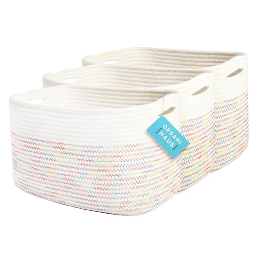 Image of OrganiHaus Set of 3 Woven Storage Baskets for Shelves, Decorative Organizer Bins for Closet & Bathroom, Multipurpose Home Organization Baskets, Toy Storage Basket - Rainbow Stitches 15x9x10 inches