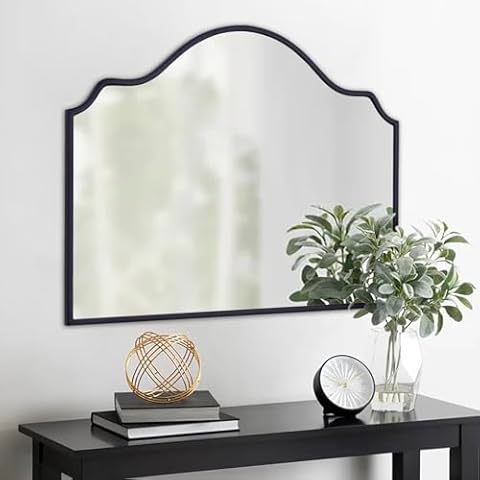 Chende Black Wall Mirror, Antique Arched Mirror for Fireplace Decor with Wooden Frame, 40'' x 28'' Elegant Scalloped Mirror for Living Room, Dining Room, Entryway Cover