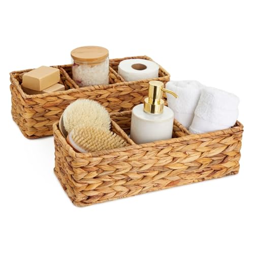 Water Hyacinth Baskets, 2-Pack of Rectangular Storage Baskets with 3 Compartments for Bathroom, 36.5 x 15 x 11 cm