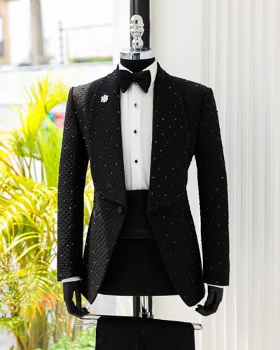 Men's Slim Fit Tuxedo Suit 2 Pieces with Rhinestone Welt Pockets Dual Vents Formal Jacket and Pants3