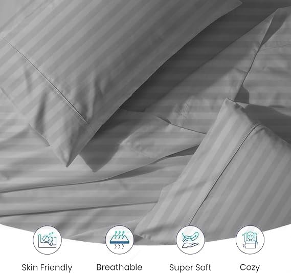 Balsara's 3Pcs Fitted Sheet (1 Fitted Sheet with 2 Pillowcases) 100% Egyptian Cotton 800 Thread Count Universal XL V Berth - Boat Bedding Fits mattresses up to 6” Depth - Silver Stripe