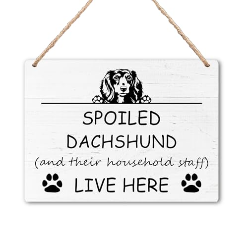 Kneaotoaji Dachshund Dog Signs for Home Decor, Dachshund Gifts for Women, Funny Dachshund Wiener Dog Room Decor, Rustic Spoiled Dachshund and Their Staff Live Here Wooden Hanging Plaque 8x10 Inch