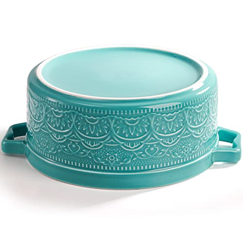 Elsjoy 2 Quart Ceramic Casserole Dish With Lid, 7.5 Inch Round Covered Casserole Pot Oven Safe Glazed Ceramic Baking Dish, Lace Emboss Bakeware Stew Pot For Soup, Dinner, Non-Stick #TOP3