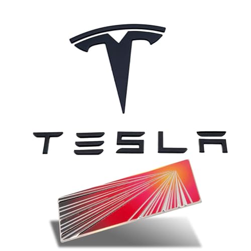 Image of Metal T Logo Tesla Letters Performance Ludicrous Emblem Logo Decal Sticker Front Rear Tailgate in Matte Black for Tesla Model Y Juniper Launch Edition