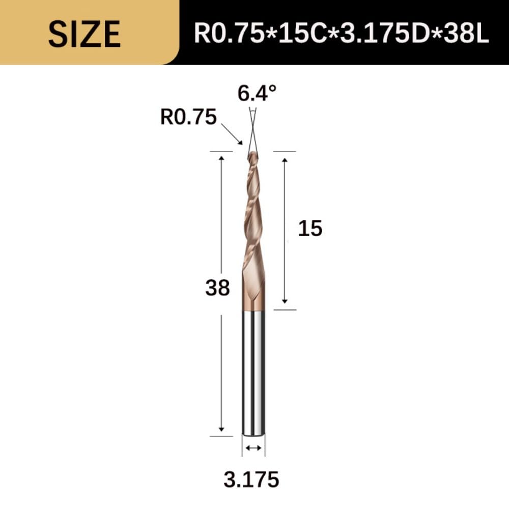 Frez stożkowy spiralny, frezy z końcówką kulistą 3,175/4/6 mm, frez z 2 rowkami z węglika wolframu do obróbki metalu i drewna, 1 szt.(R0.75x15Cx3.175Dx38L)