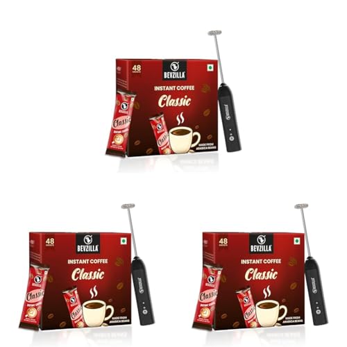 Image of Bevzilla 48 Classic Coffee Sachet with Rechargeable Electric Frother Combo Pack | 3-Speed Setting with Type-C Fast Charging|r | Cafe Coffee Kit | Perfect for Espresso, Latte & Cappuccino | Enjoy Hot & Cold Brews