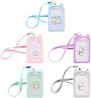 Cdemiy Lanyard with Transparent Card Holder, 5 PCS Cartoon Plastic Bus ID Card Holder Case Badge, Cute Badge Card Protector, Clear Plastic Vertical Badge Holders, for Teachers Nurse Students