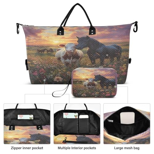 Horse Cow Daisy Blossom Travel Duffle Bag Gym Bag Weekender Bags with Toiletry Bag Travel Trip Tote Bag2
