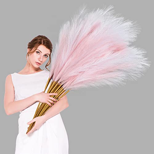 DearHouse 10Pcs Faux Pampas Grass, 38''/3.1FT Tall Fluffy Fake Pompas Floral, Large Artificial Pompous Grass Branches for Floor Vase Fillers, Boho Farmhouse Room Home Wedding Decoration (Pink&White)