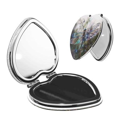 BEIVGOXL Modern Dragonfly Printed Compact Mirror for Women,Heart Shape Mini Pocket Travel Makeup Mirror,Gift for Women, Girls, Makeup Lovers (Travel, Purse, Pocket)
